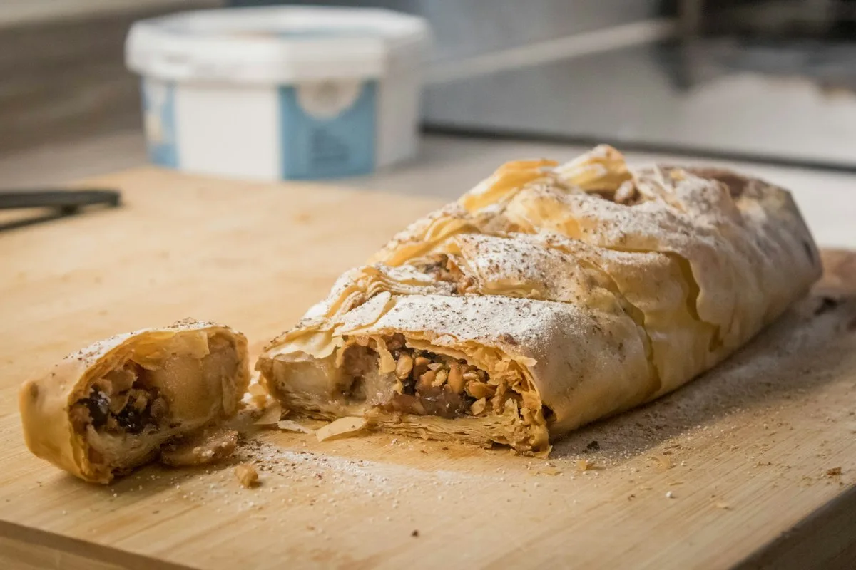 Apple strudel dusted with sugar