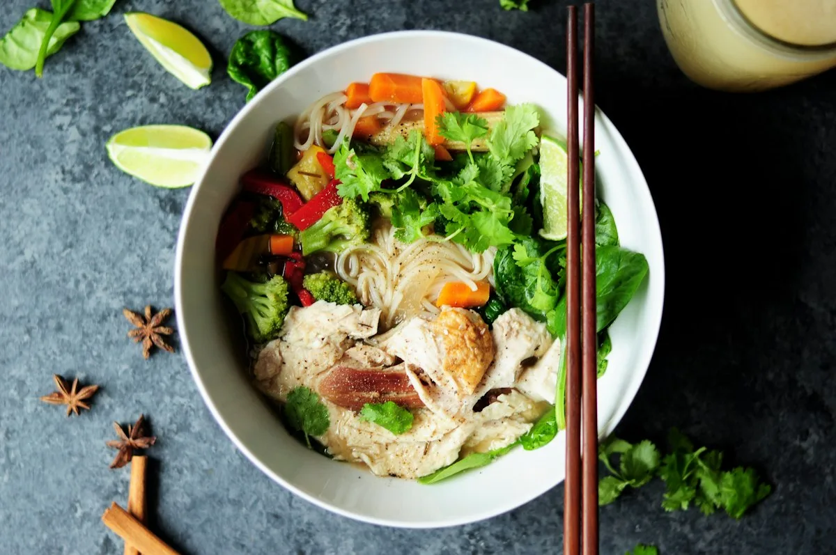 Bowl of Vietnamese pho with rice noodles