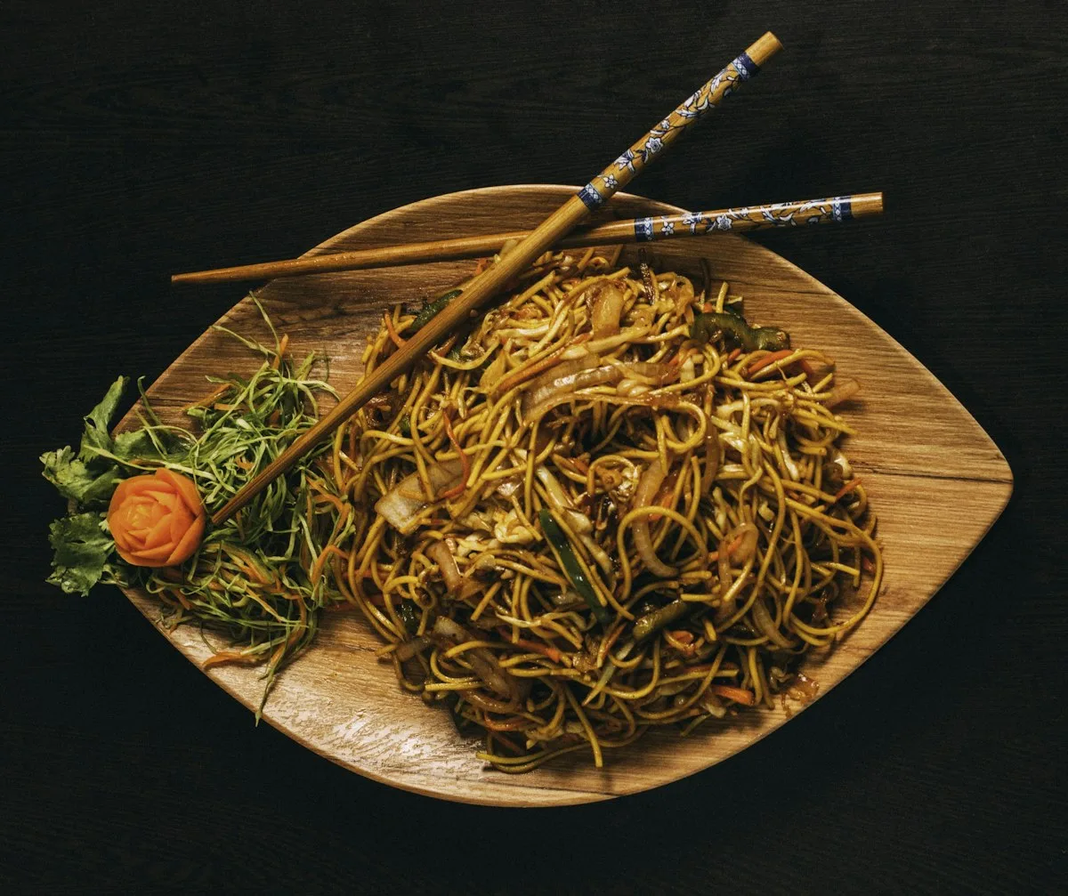 Chow mein stir fried noodles with chopsticks