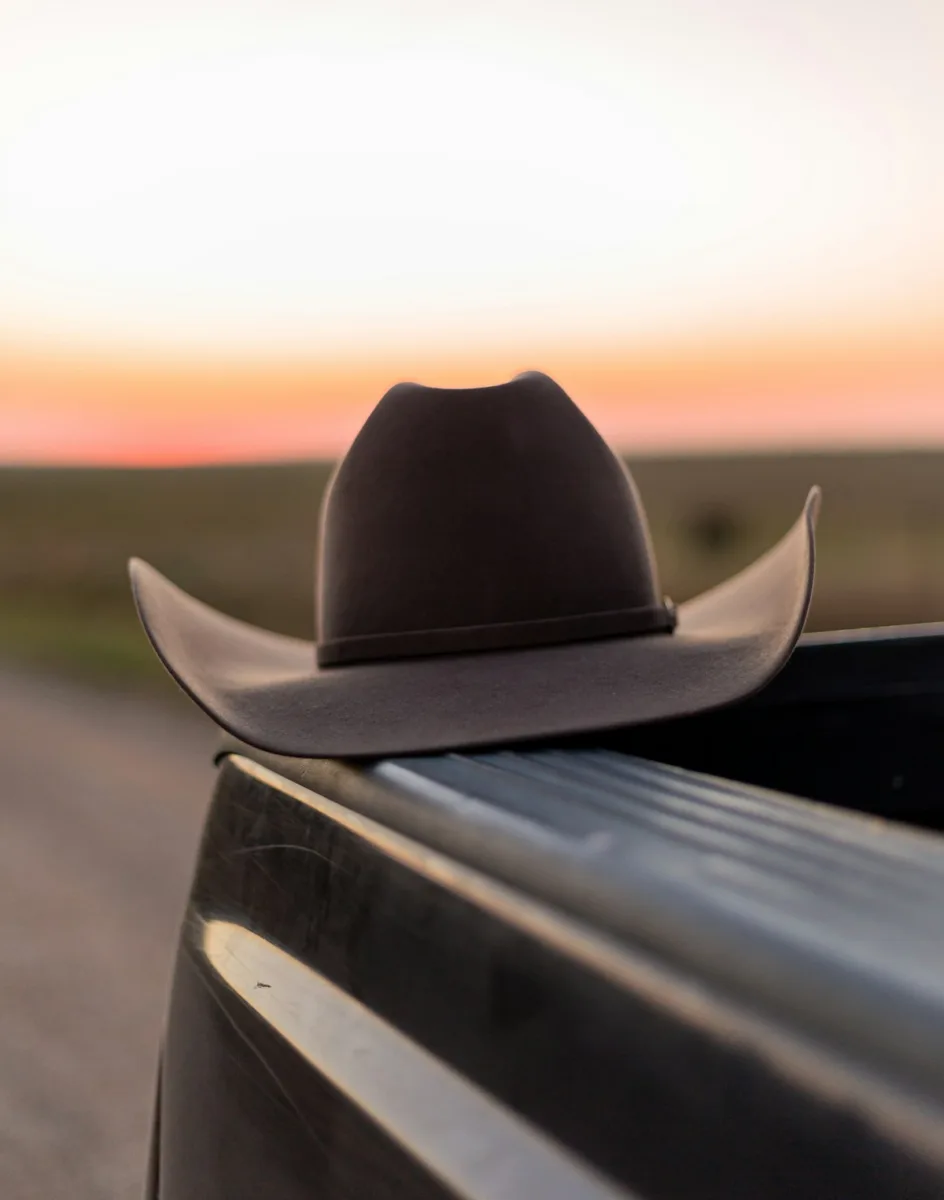 Cowboy hat with a high crown and wide brim