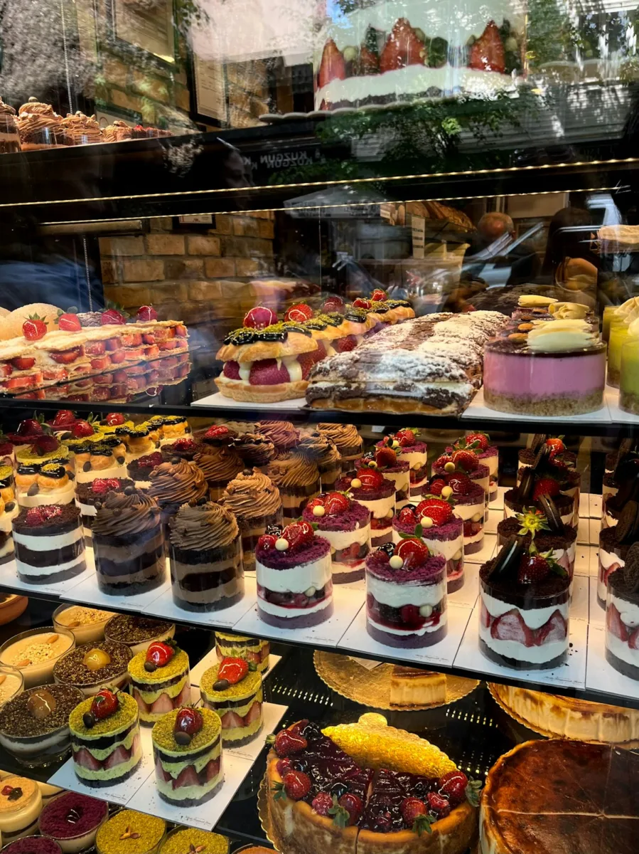 Different types of cake in a bakery display