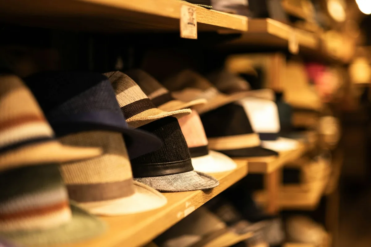 Different types of hats displayed in a shop