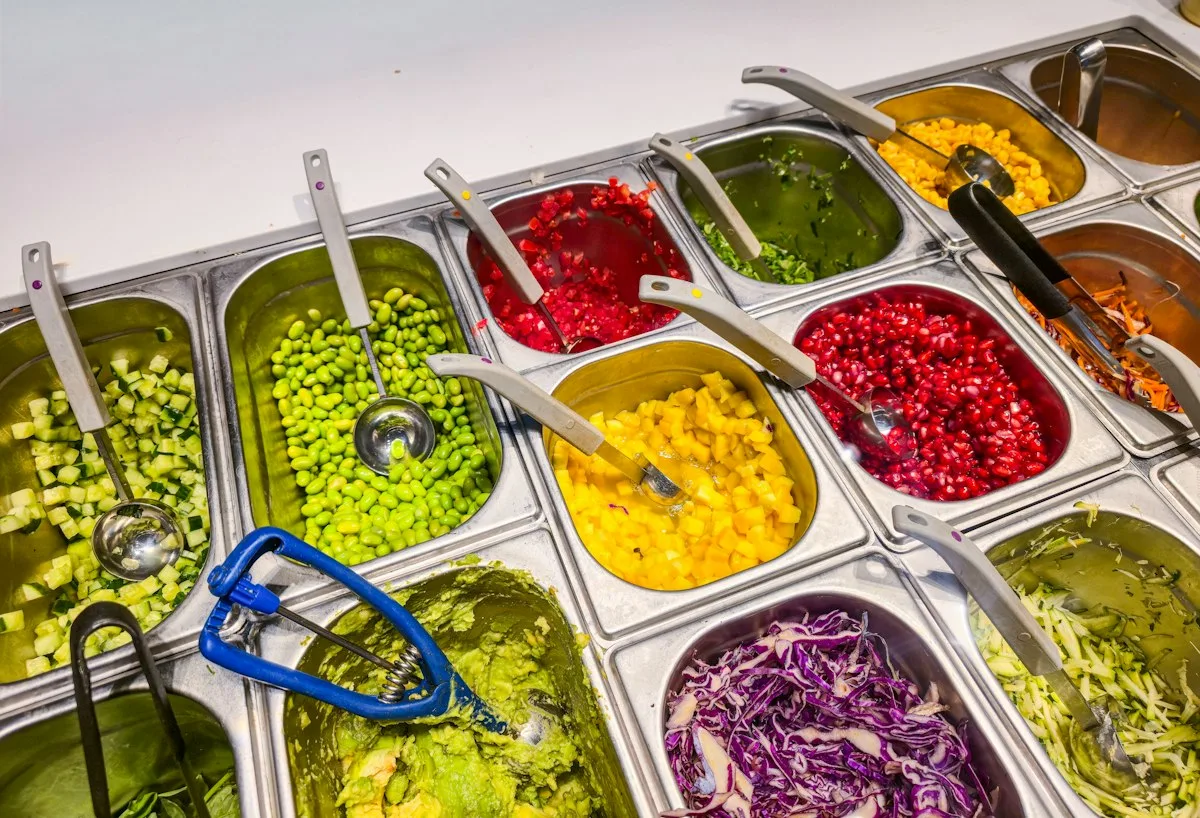 Different types of salad at a salad bar