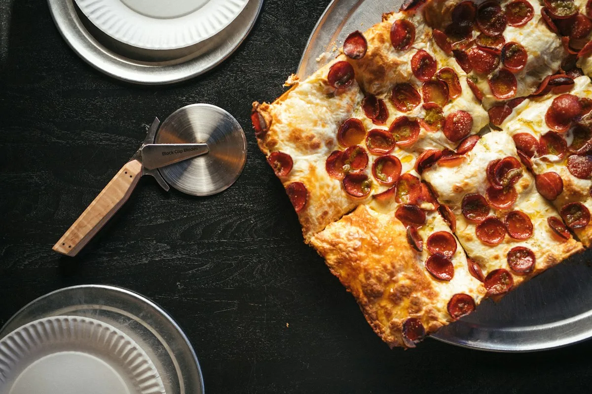 Rectangular pan pizza with pepperoni