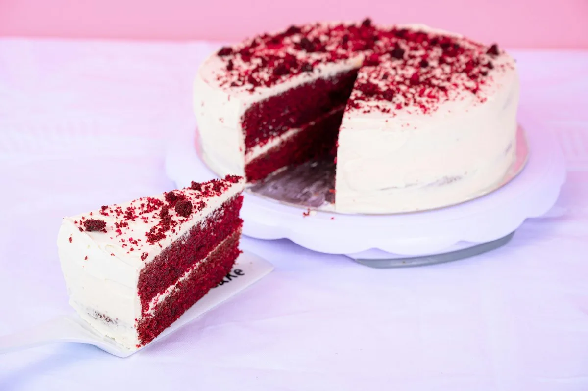 Red velvet cake with white frosting