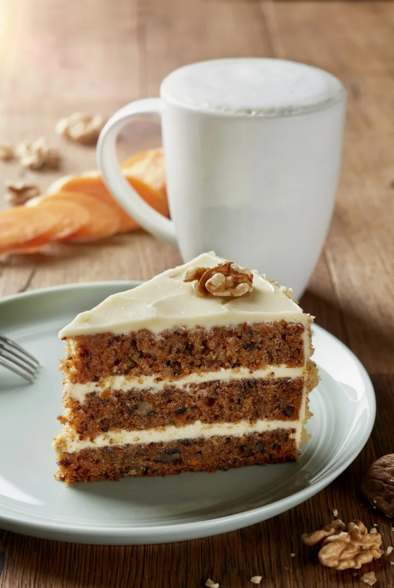 Slice of carrot cake with cream cheese frosting