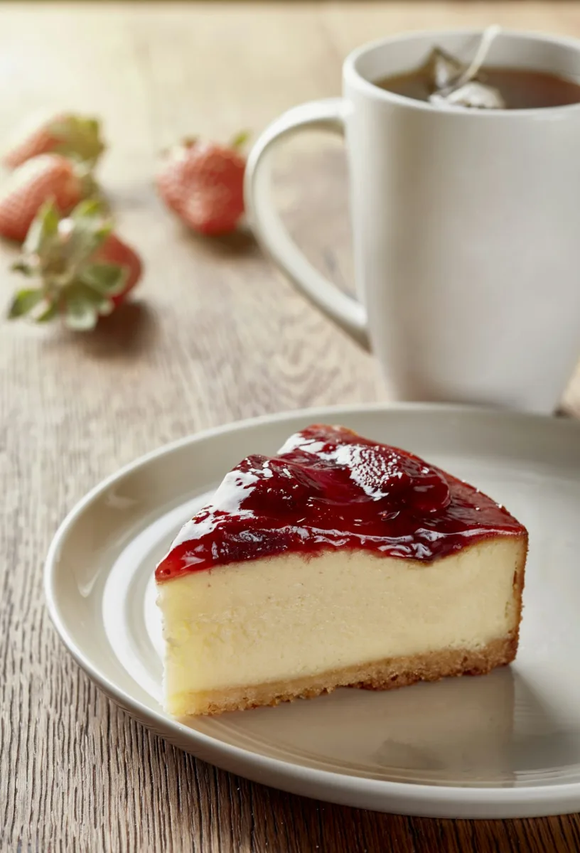 Slice of cheesecake with strawberry topping