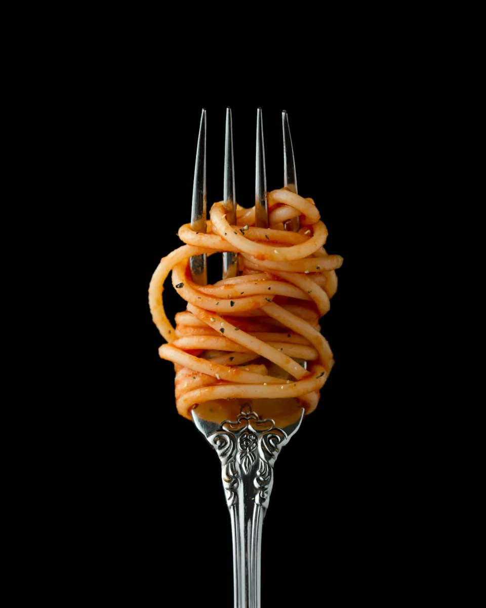 Spaghetti twirled on a fork
