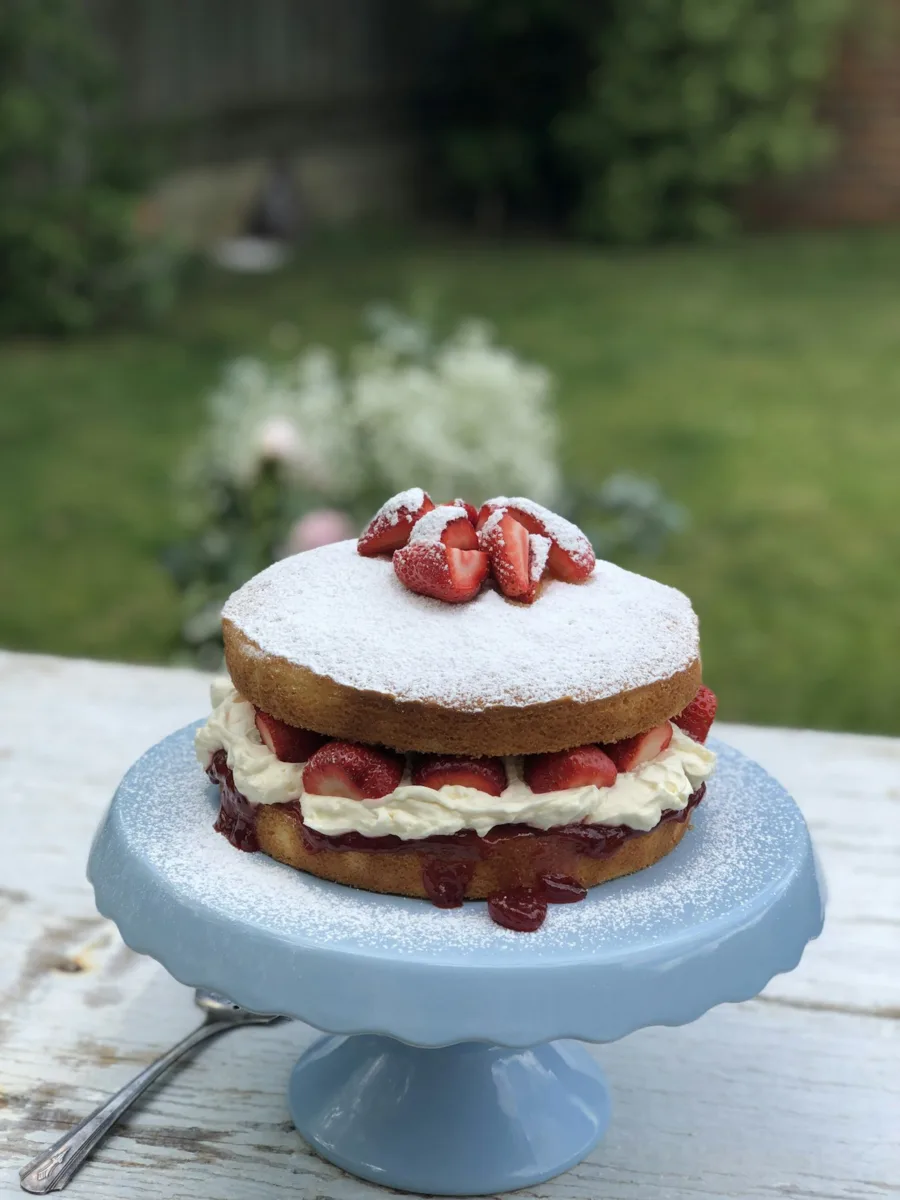 Victoria sponge cake with cream and strawberries