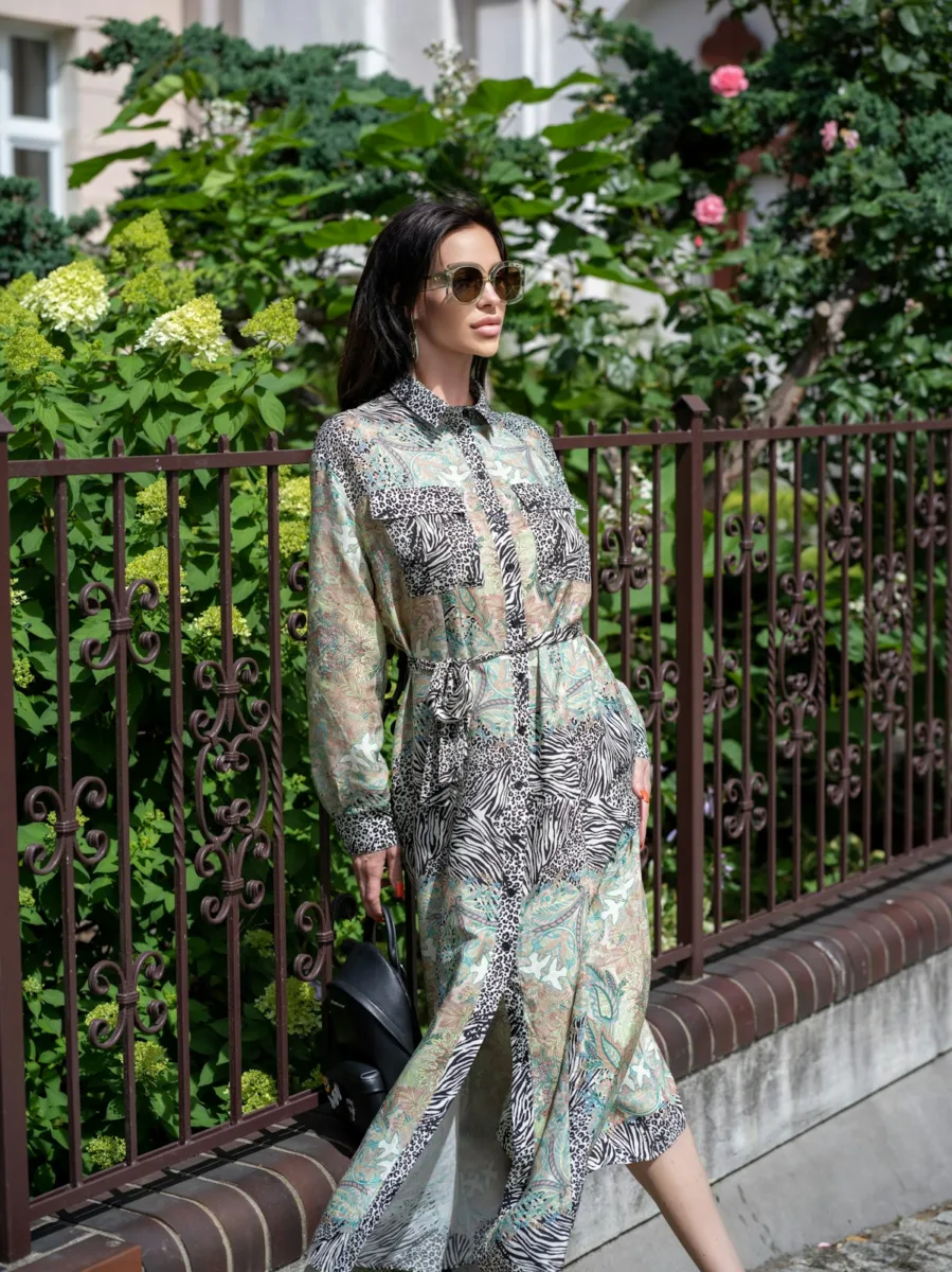 Woman wearing a printed shirt dress